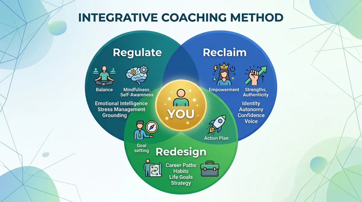 Diagram showing three overlapping circles (Regulate, Reclaim, Redesign) with 'You' in the center, illustrating a coaching method.