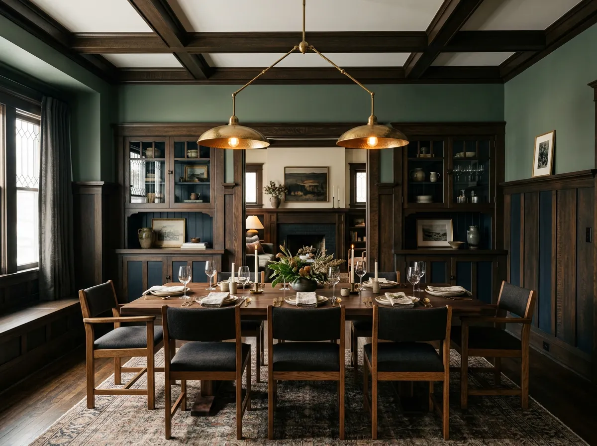 Craftsman dining room remodel with architectural wainscoting and custom built-in cabinetry