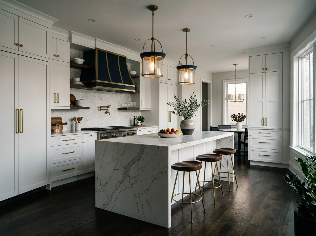 Modern luxury kitchen remodel with custom white shaker cabinetry and quartz waterfall island