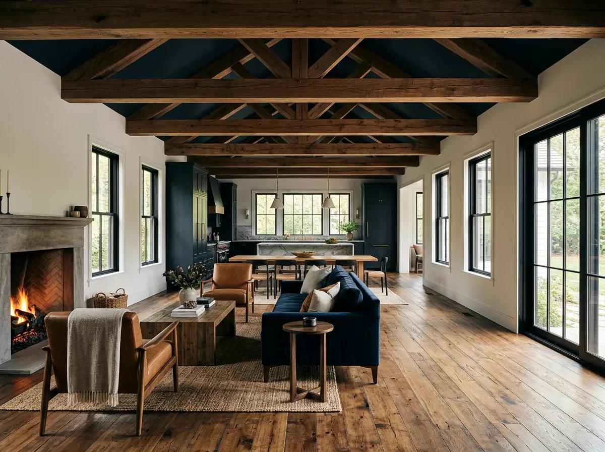 Open concept living room addition with exposed beam ceiling and wide-plank hardwood floors