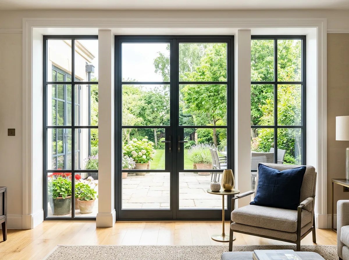 Architectural floor-to-ceiling glass patio doors and precision steel windows