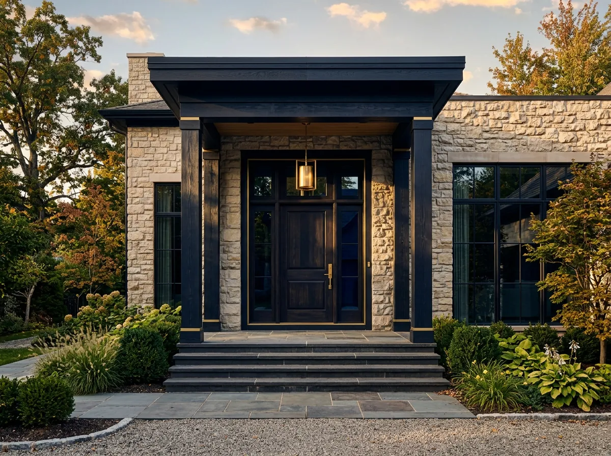 Contemporary exterior remodeling featuring stone facade and architectural entrance portico