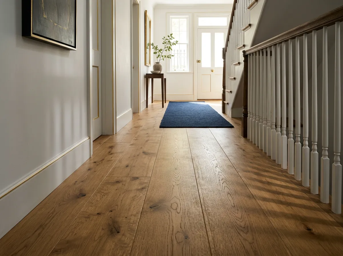 Wide plank European oak flooring laid in herringbone pattern