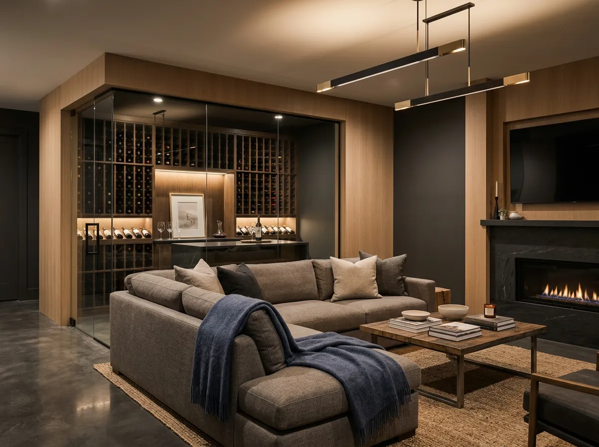 Finished basement conversion featuring architectural lounge and wine room