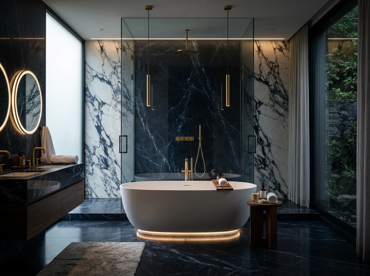 Luxury spa bathroom with curbless walk-in shower and freestanding tub