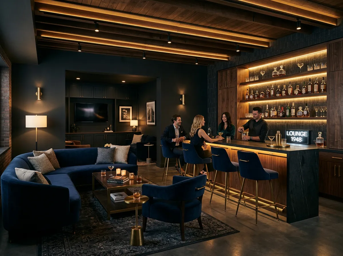 Finished basement transformation featuring modern bar lounge and home entertaining area