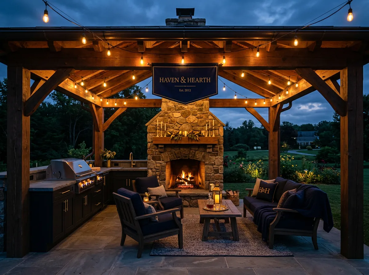 Timber framed outdoor veranda with stone fireplace and integrated kitchen