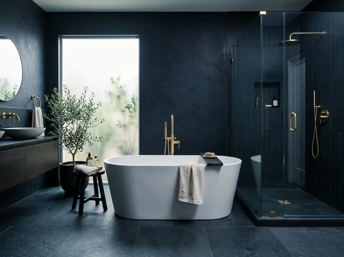 Custom master bathroom renovation featuring freestanding soaking tub and glass enclosed shower