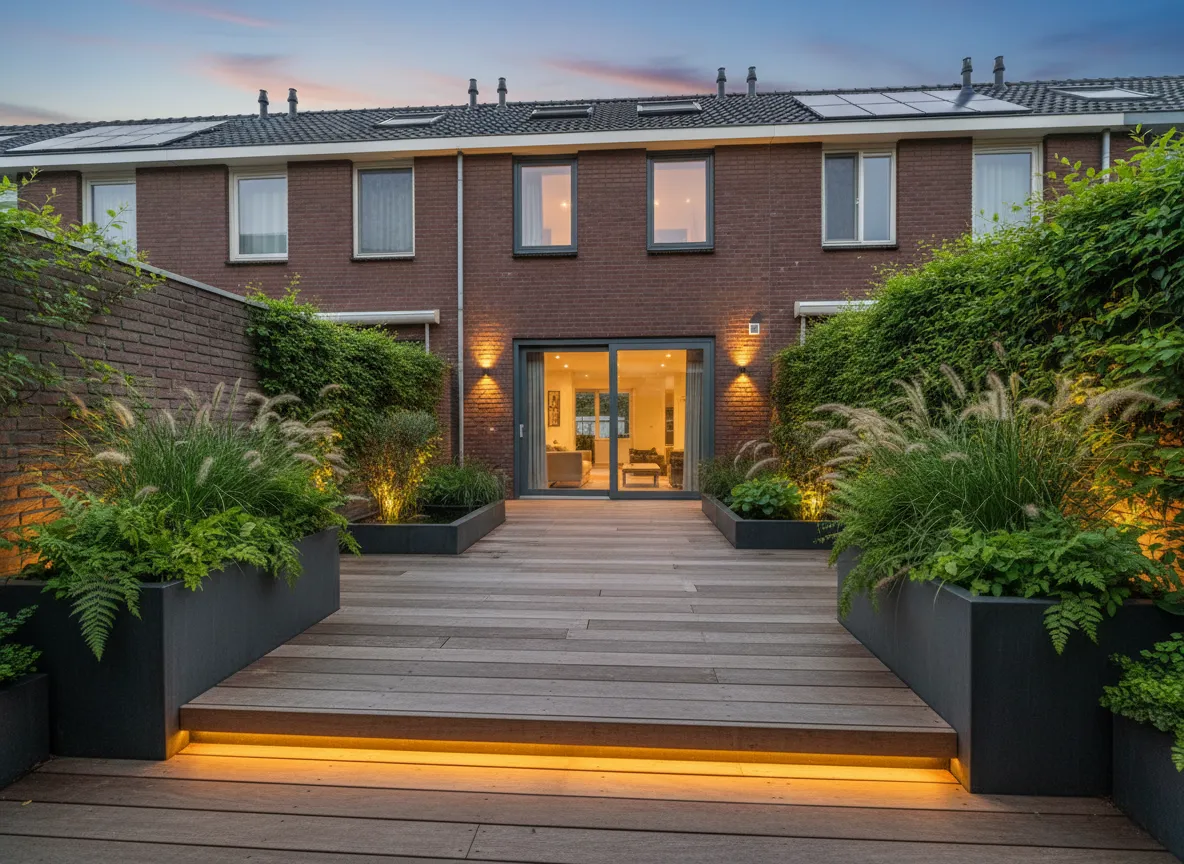 Moderne stadstuin met houten vlonder en groene borders