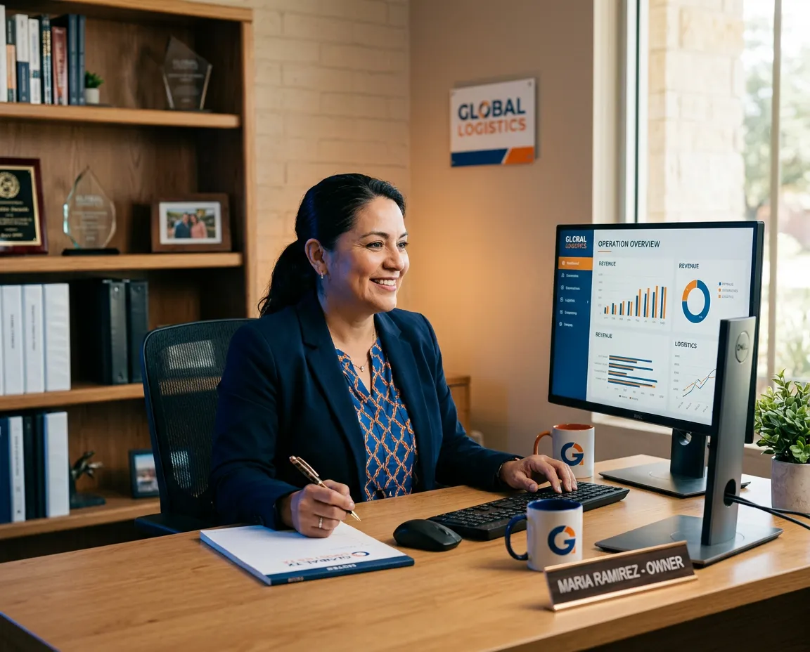 Local business owner reviewing operational information on a screen with confidence