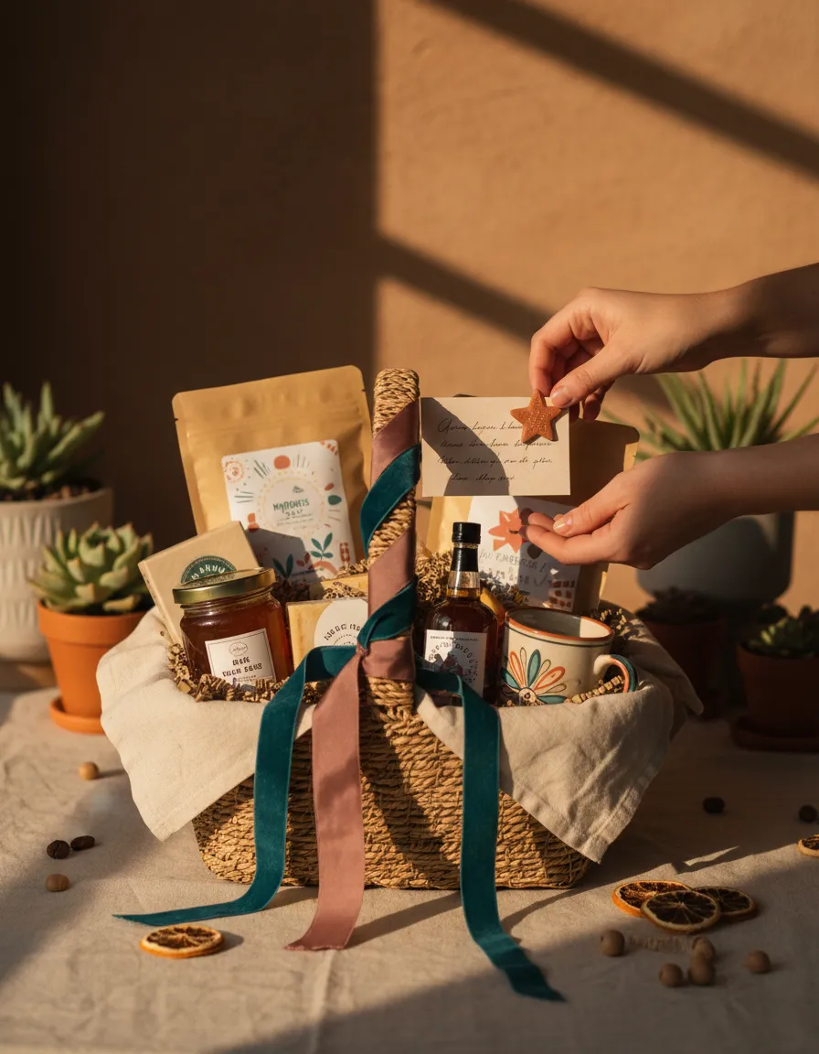 A beautifully curated custom gift basket featuring regional flavors and a personalized note.