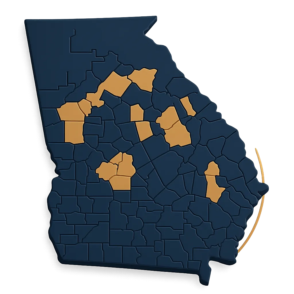 Stylized outline map of Georgia in navy blue