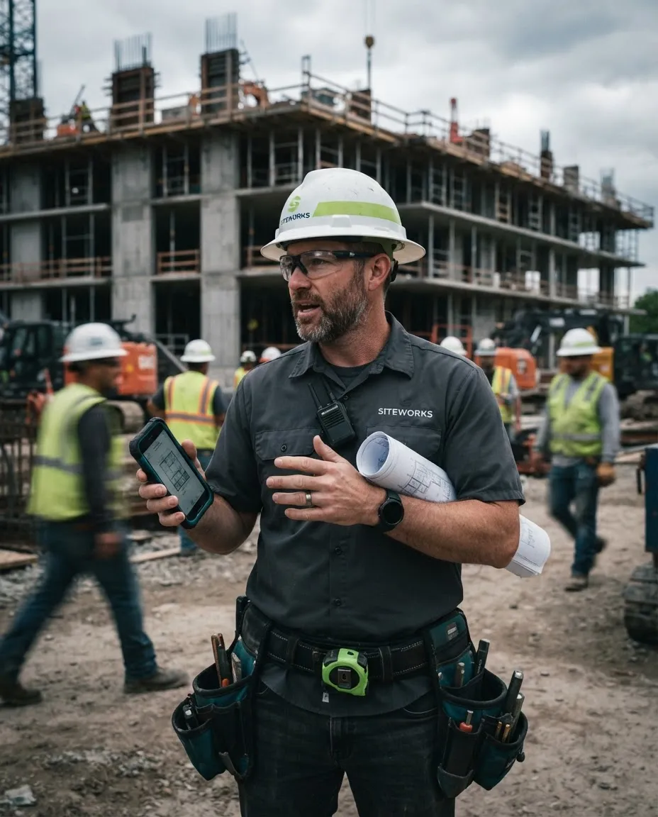 Commercial contractor manager coordinating construction crew operations on job site with mobile phone and plans