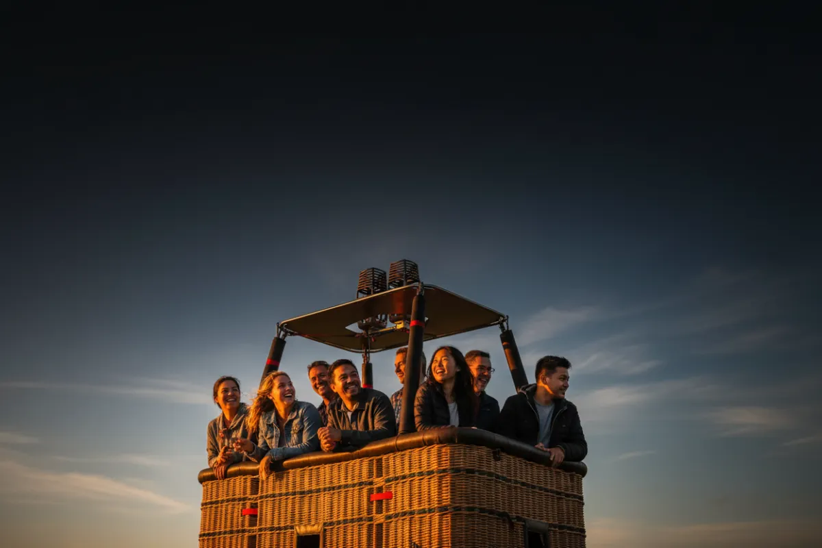 Passengers boarding a hot air balloon basket