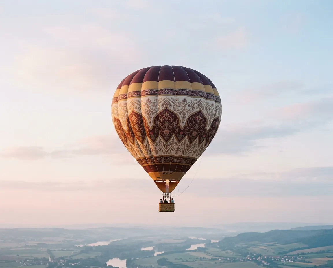 Peaceful sunrise sky with gentle golden clouds over hot air balloon country