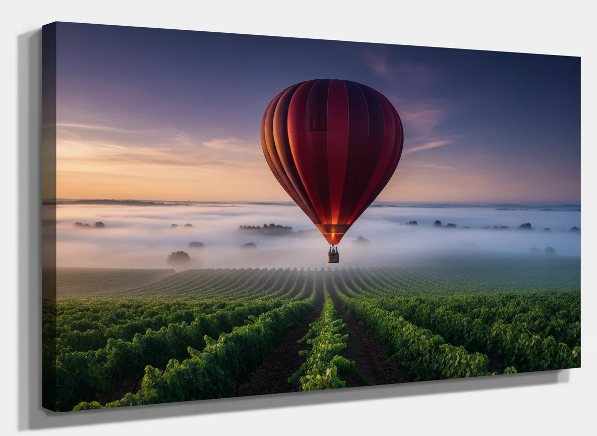 Sunrise balloon flight over vineyards