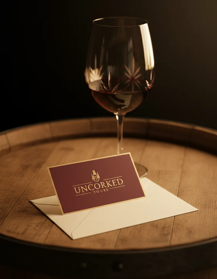 Beautifully styled Uncorked Tours gift card resting on rustic wood next to a wine glass