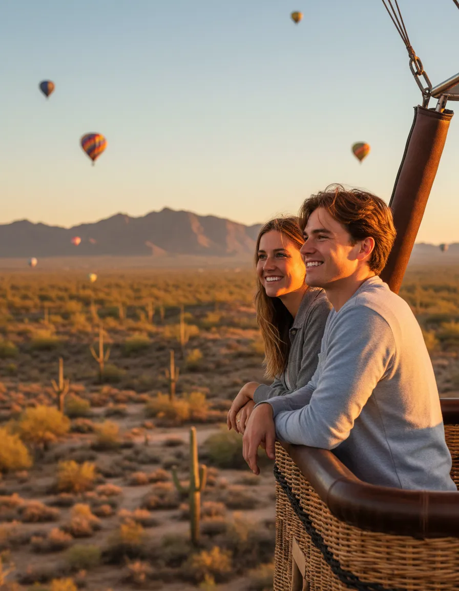 Couple in a sunrise hot air balloon over the desert
