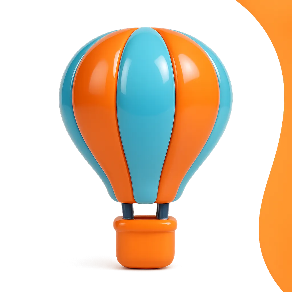 3D digital art icon modern hot air balloon floating above clouds toy style