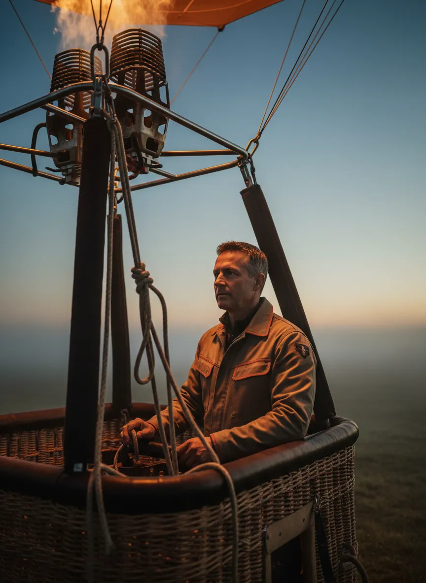 Master pilot carefully preparing the hot air balloon basket before a serene dawn flight