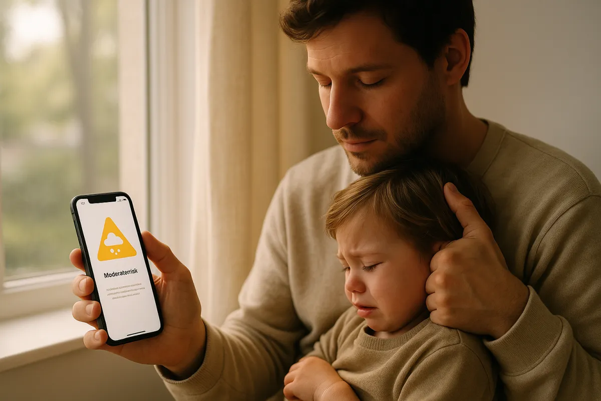 Parent calming child by window with gentle weather alert on phone