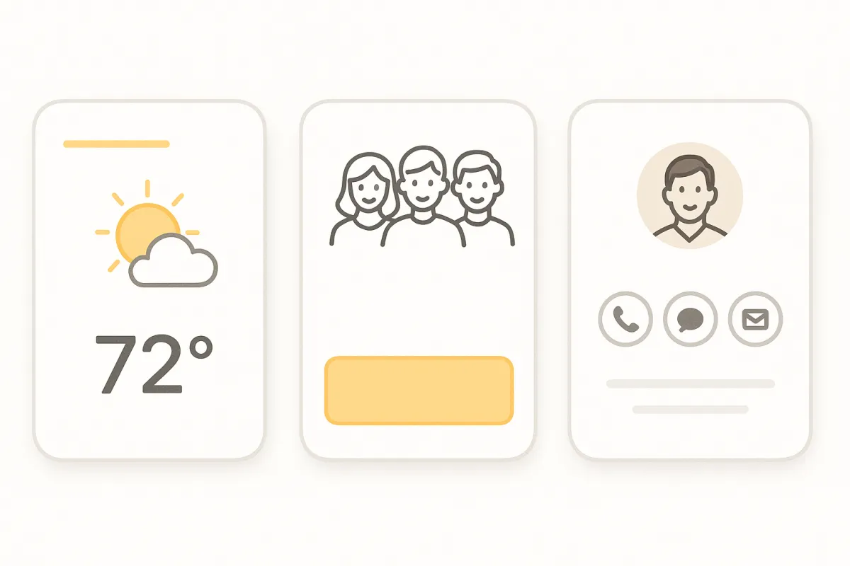 Three UI panels showing a simple weather summary, a one-click family action card, and contact quick-actions with warm yellow highlights.
