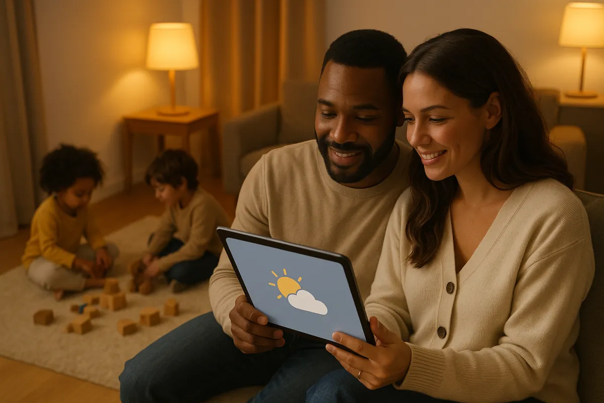 Cozy evening scene of two parents reviewing a simple weather card on a tablet while children play nearby; warm yellow accents and soft gray tones emphasize safety and family warmth.