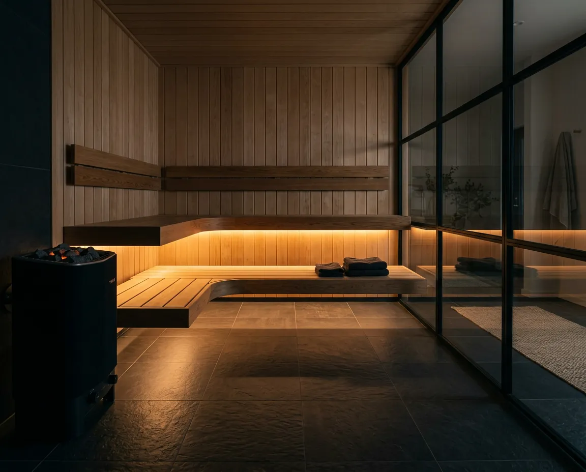 Minimalist sauna interior showcasing indirect under-bench warm lighting and architectural glass partition