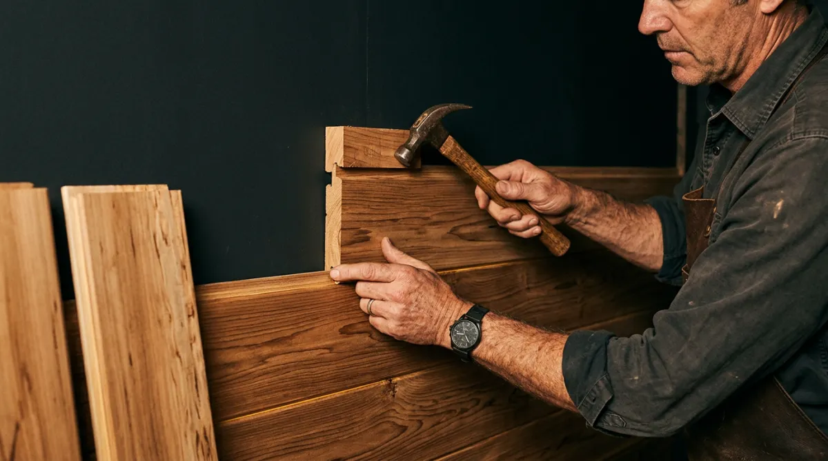Master craftsman joining western red cedar tongue-and-groove sauna paneling
