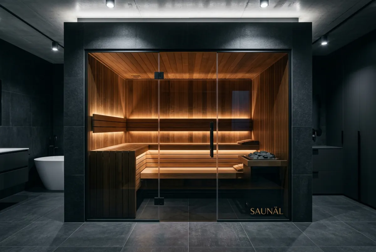 Precision indoor residential sauna integrated into modern master suite architecture