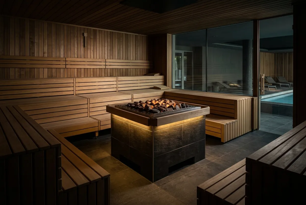 Commercial thermal facility with tiered thermo-aspen seating and continuous commercial heater