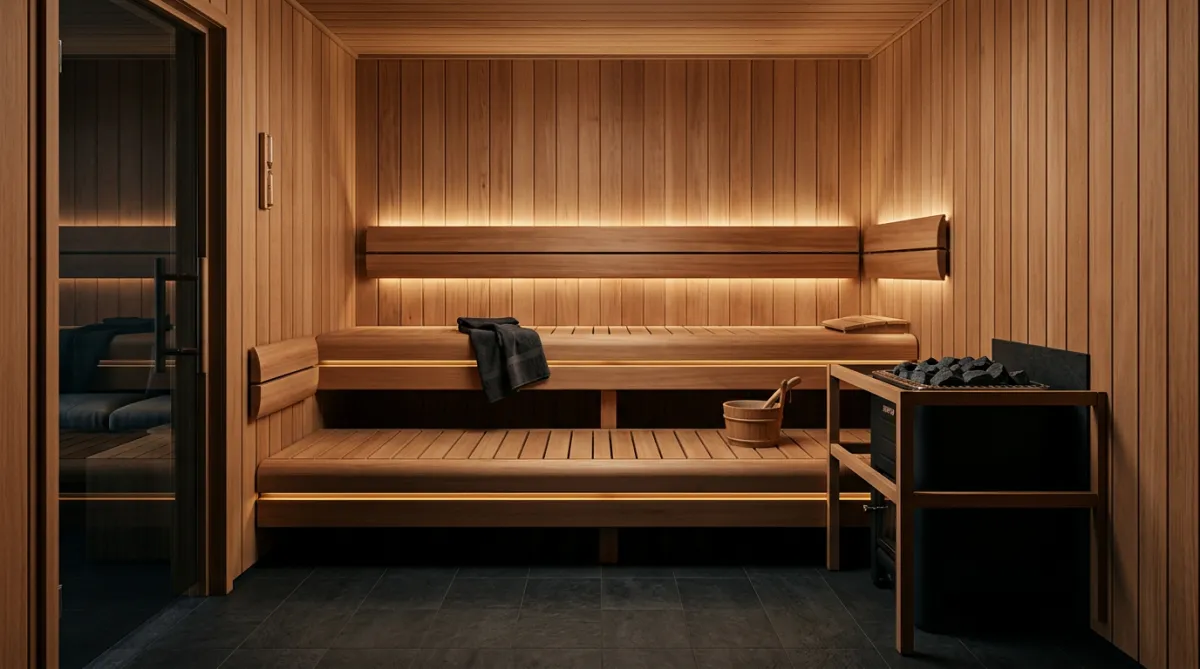 Architectural sauna interior showing dimensional room layout and tiered bench structure