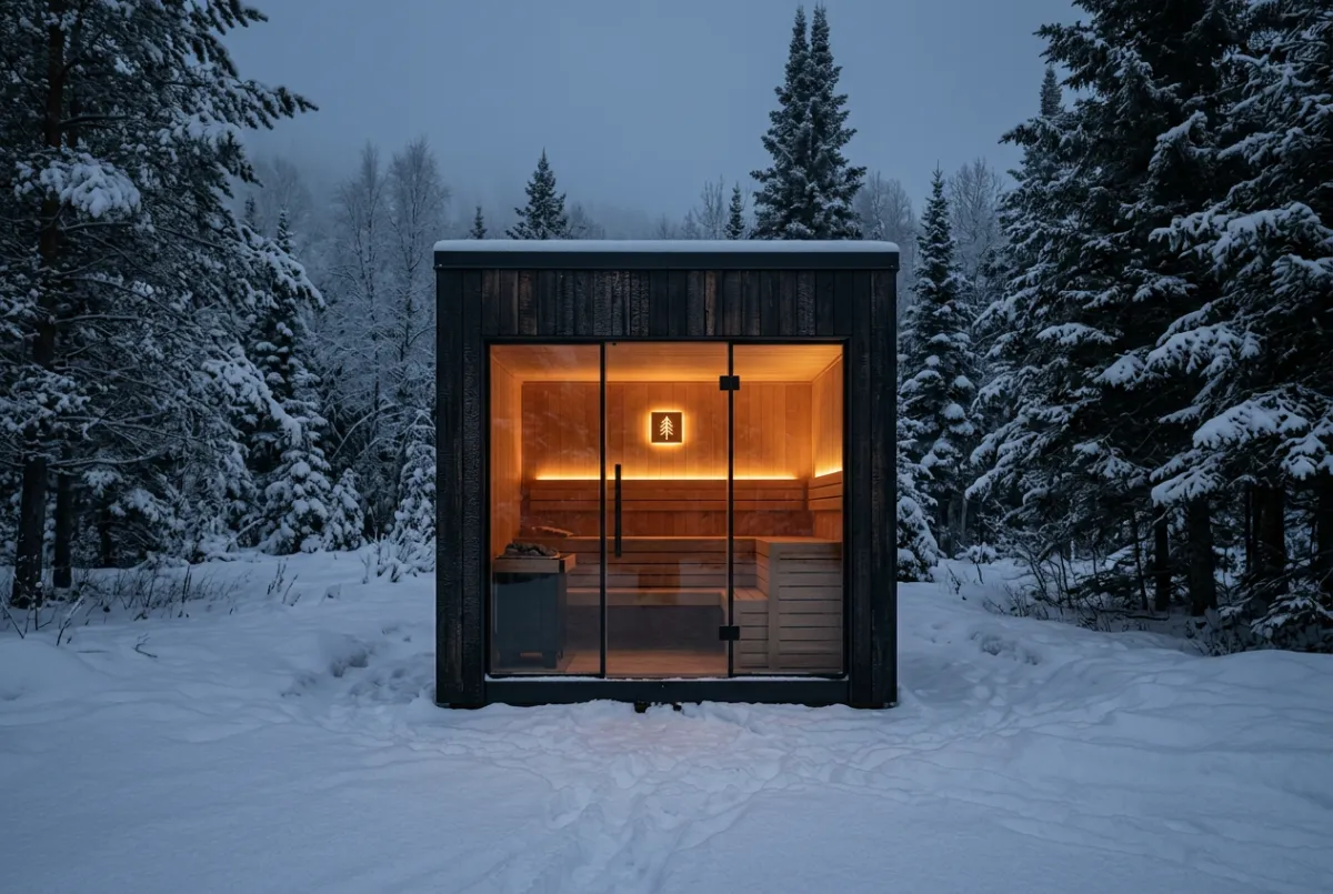 Freestanding architectural outdoor sauna cabin set against natural landscape