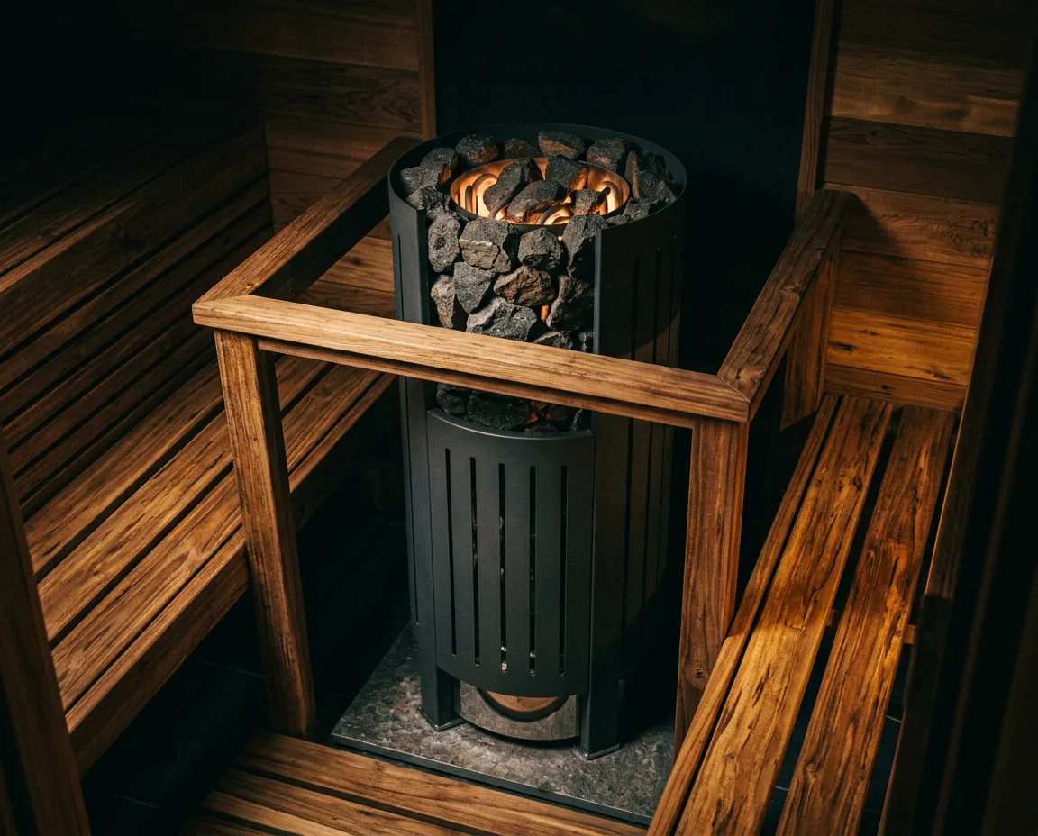 Pillar-style electric sauna stove with dense olivine diabase rock mass integrated into wooden bench enclosure