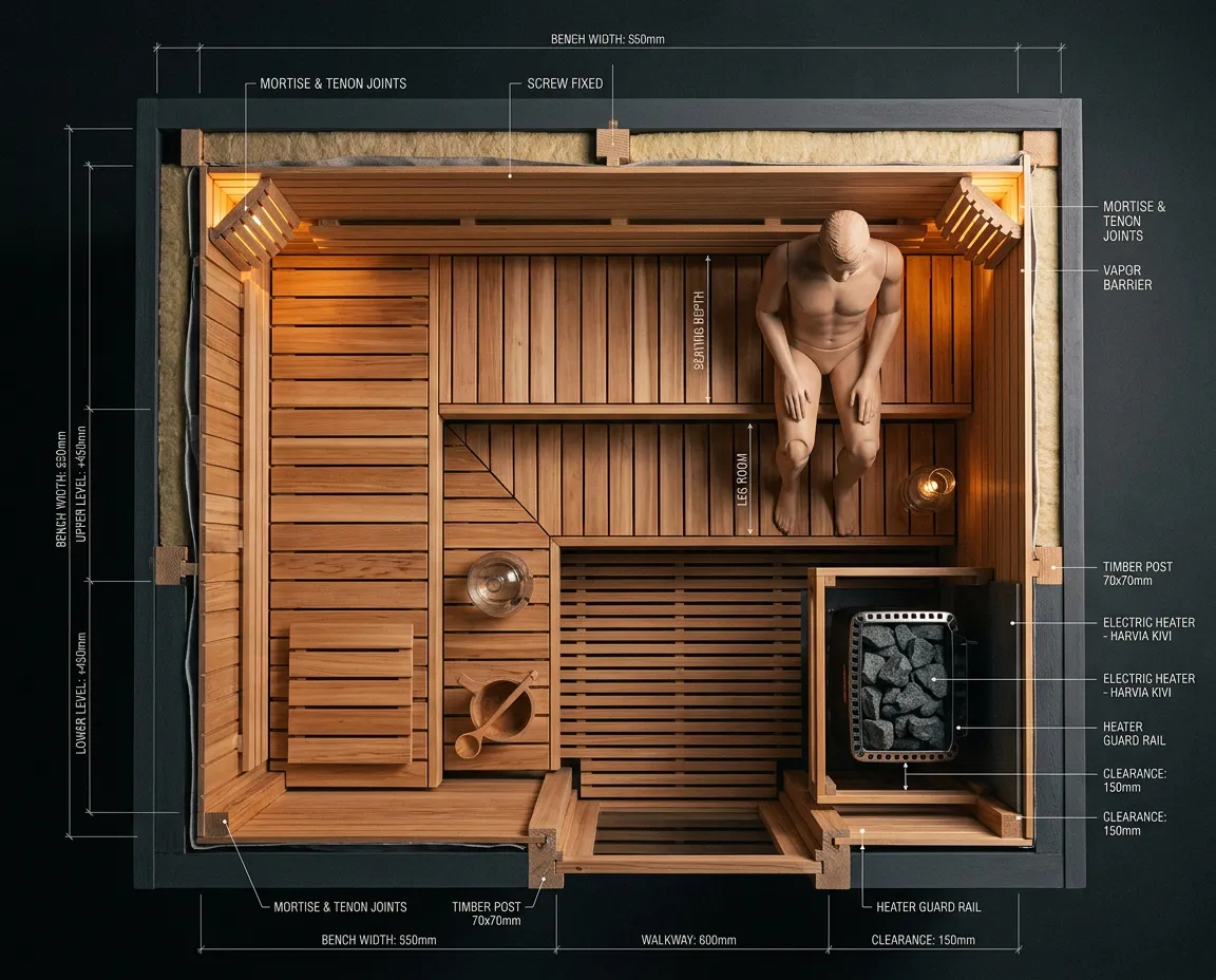 Architectural cross-section of sauna bench geometry and ergonomic spatial layout