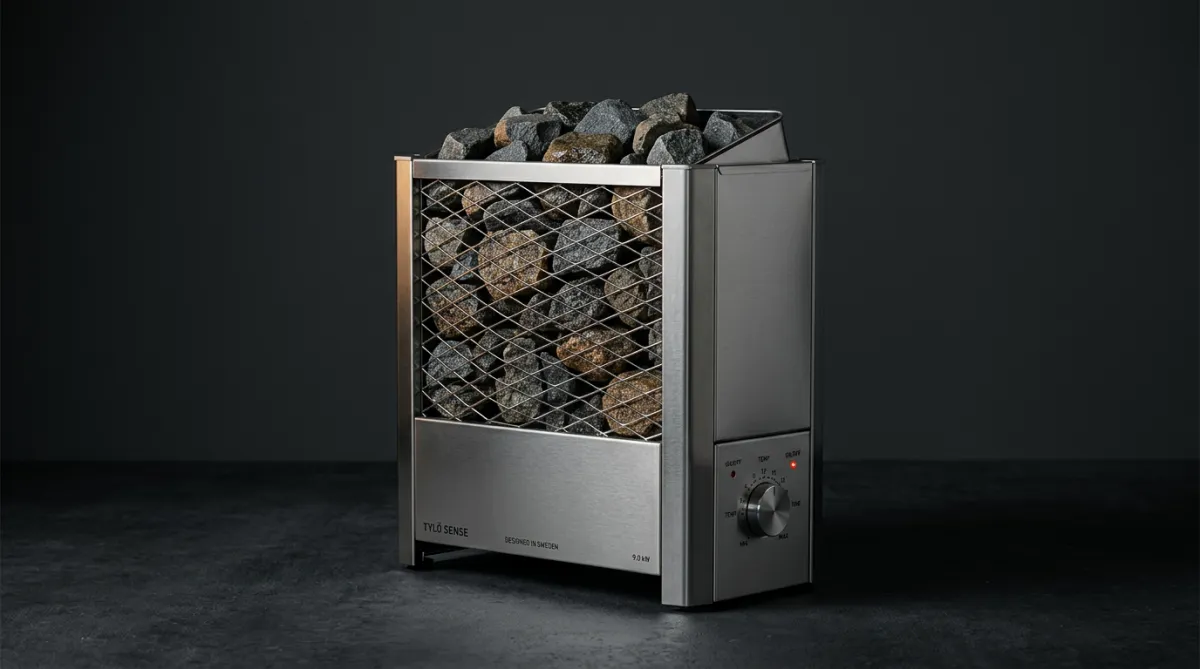 Stainless steel sauna heater with natural stones and precision temperature regulation controls