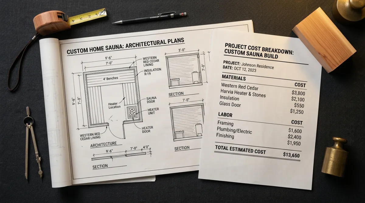 Architectural blueprints and construction cost breakdown documents for custom sauna build