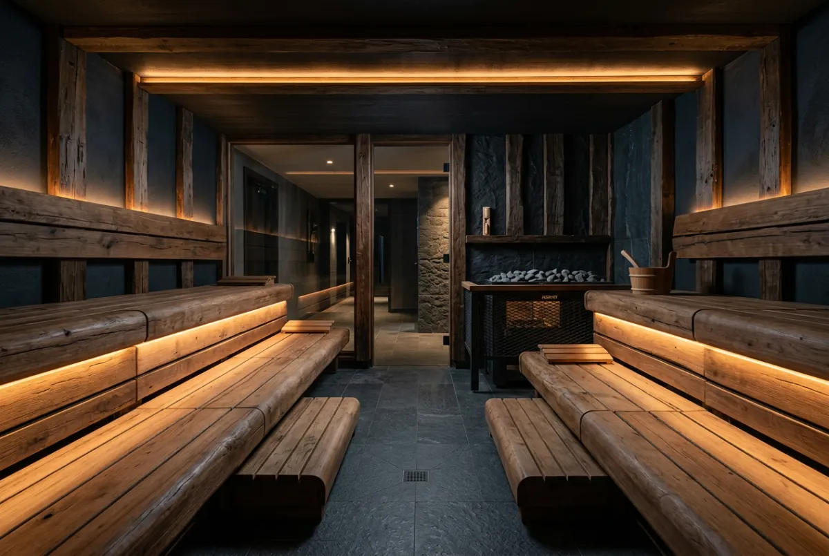 Commercial grade thermal wellness suite with heavy timber benches and multi-tier seating