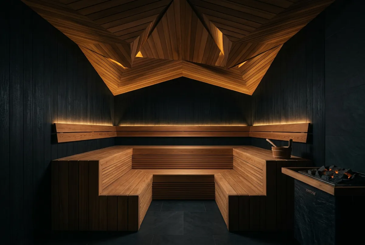 Bespoke architectural custom sauna interior with minimalist cedar bench design