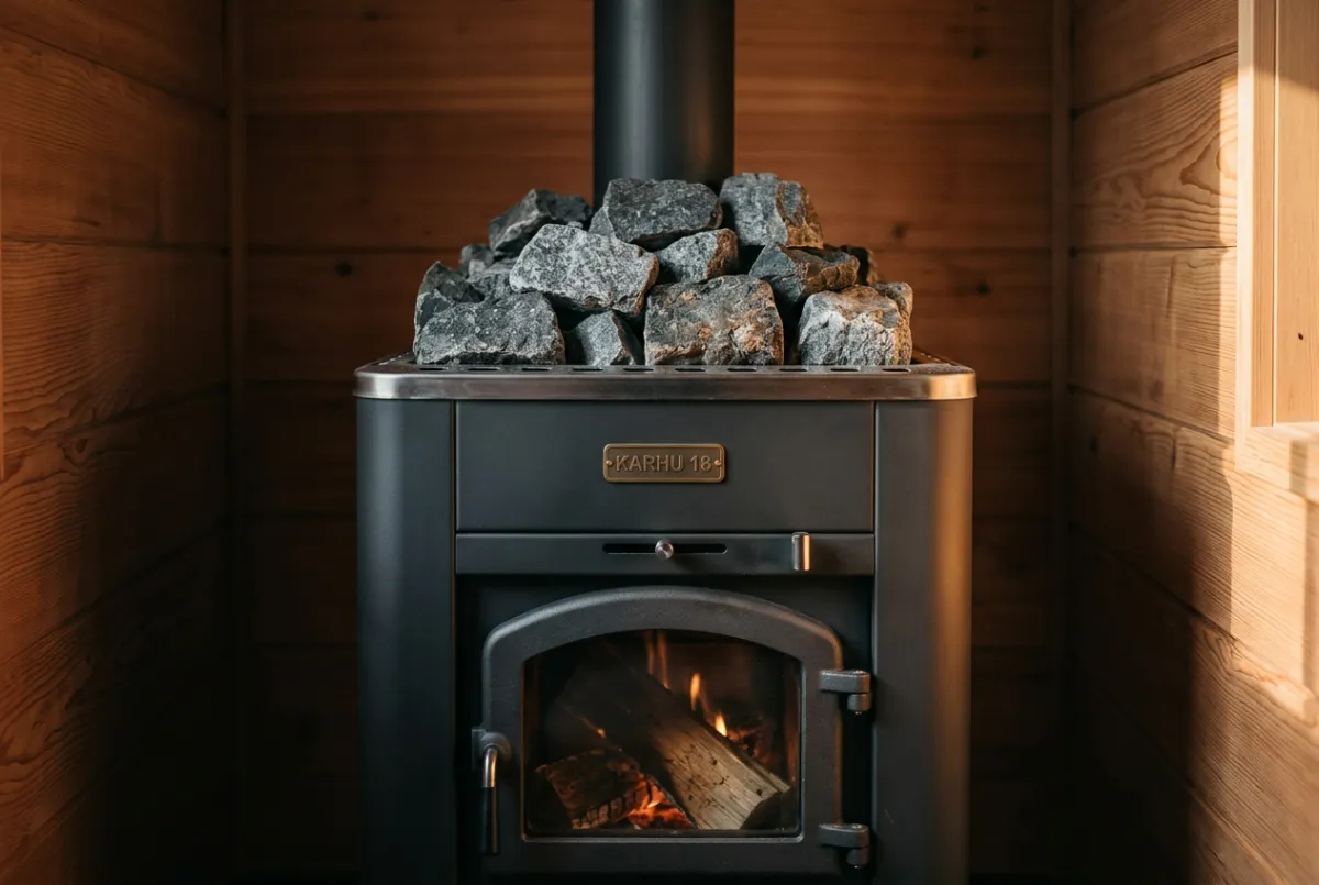 Traditional Finnish sauna with authentic peridotite stone heater and untreated spruce paneling