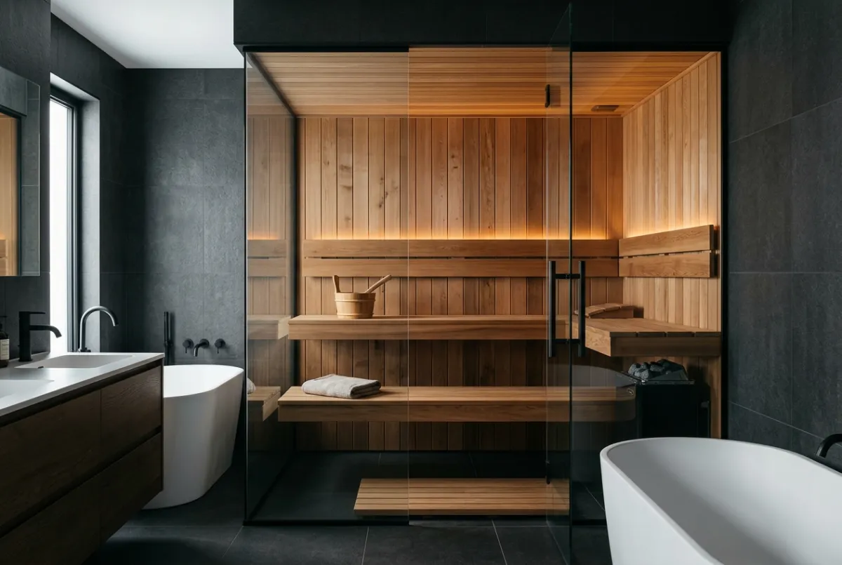 Minimalist modern residential sauna with floor-to-ceiling glass and western red cedar benches