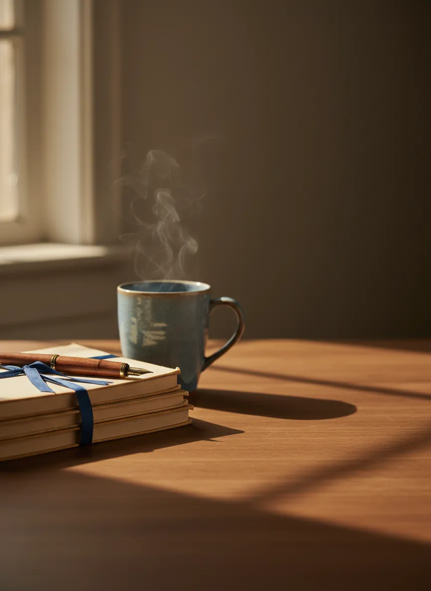 Soft-focus image of a serene home study with natural light