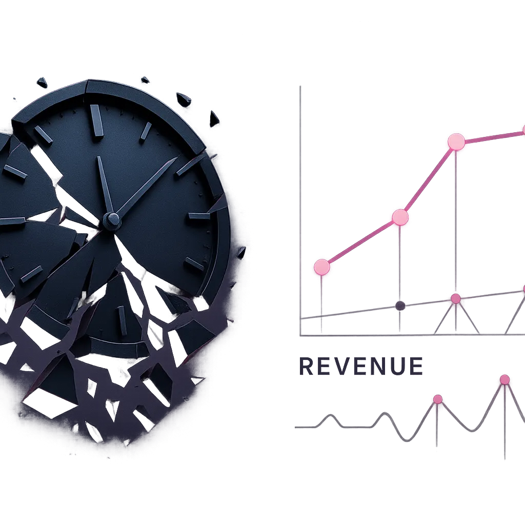 Fragmented clock merging into a plateaued data graph representing coaching time exhaustion