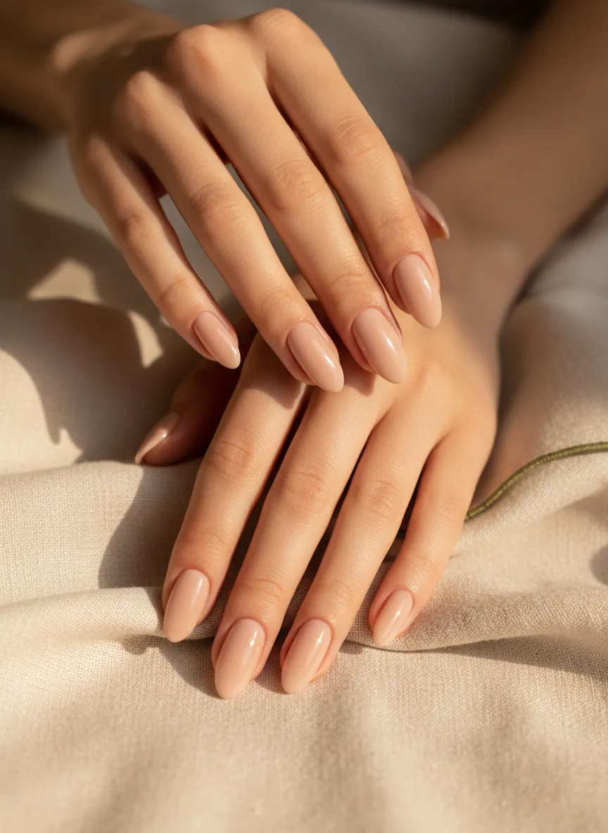 Close-up of elegant hands with a structured gel manicure resting on a soft linen drape.
