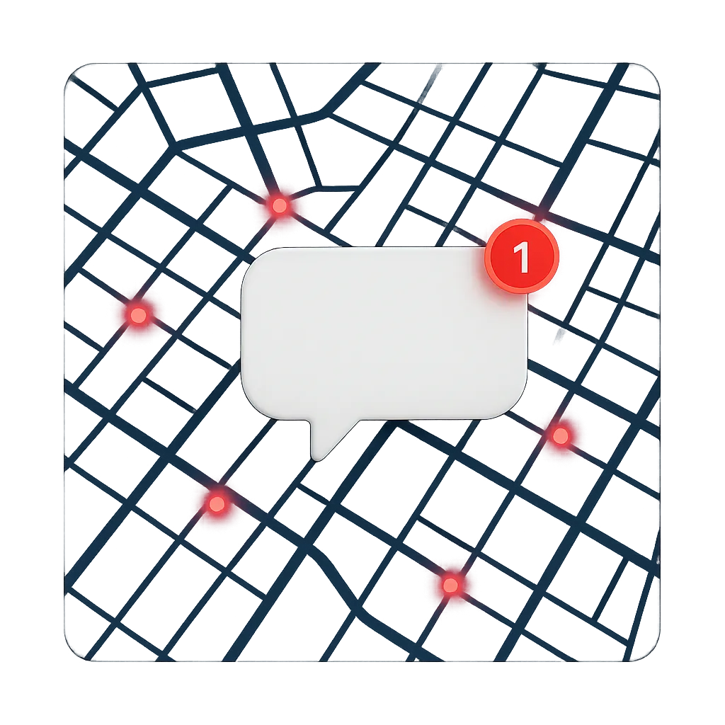Interactive mockup of a local map using a deep blue grid with electric crimson pulsing nodes and a floating chat bubble.