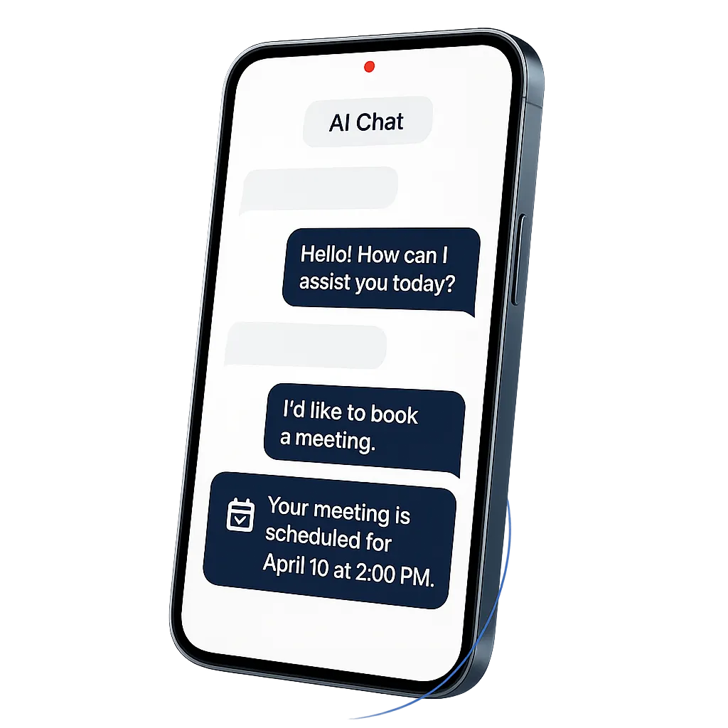 Smartphone displaying a white AI chat widget booking an appointment