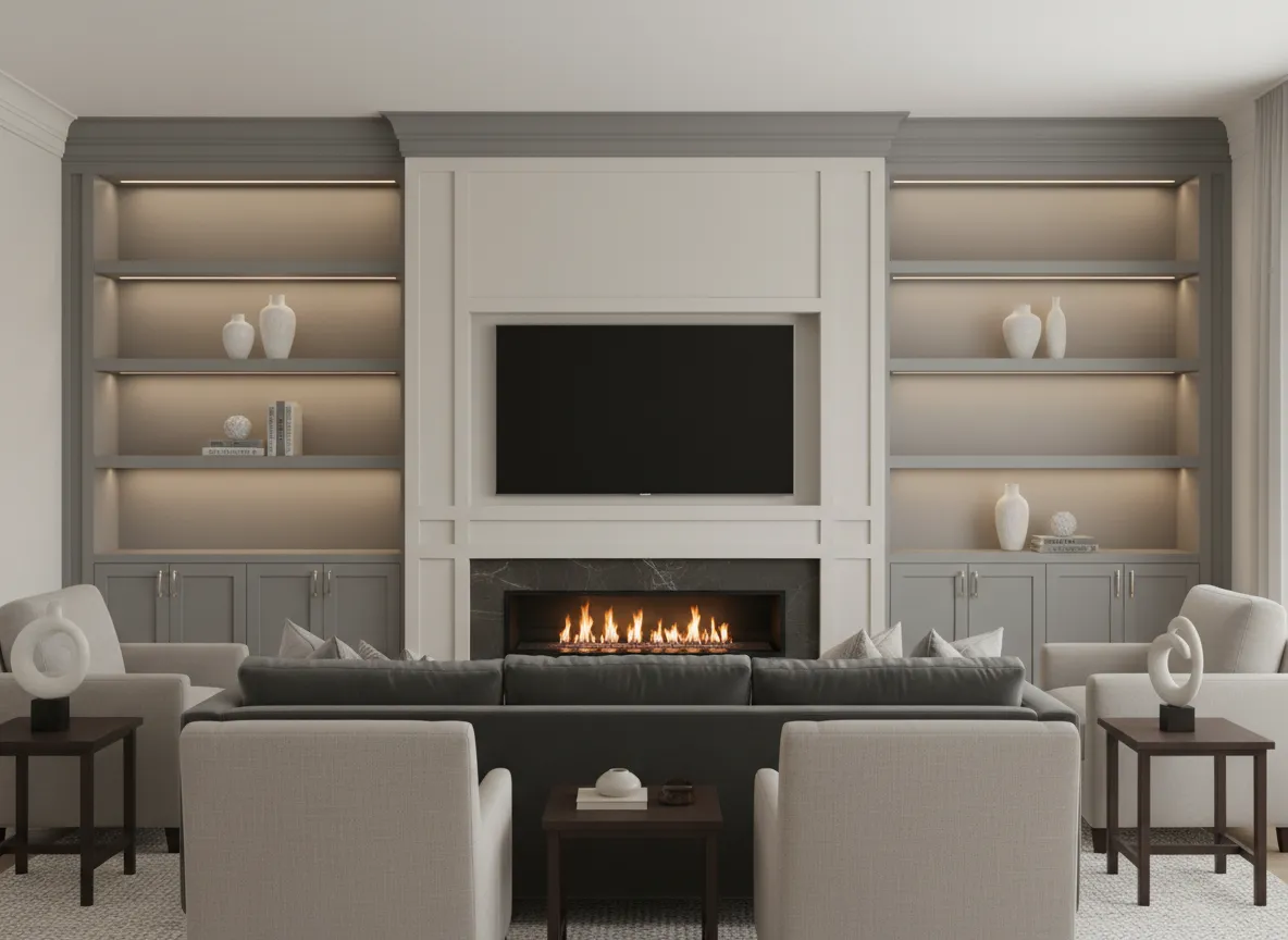 Custom built-in cabinetry around living room fireplace