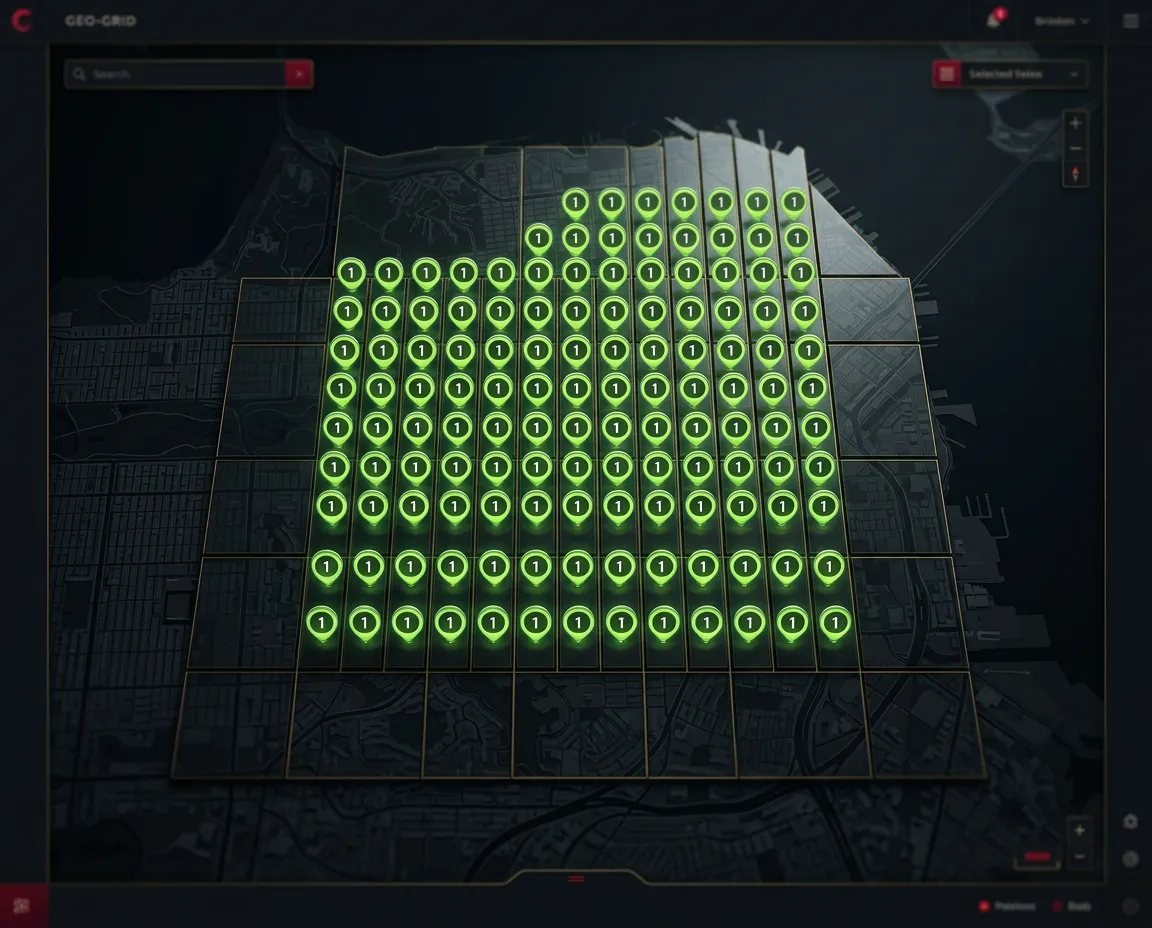 Dark-themed Google local ranking geo-grid heat map showing green rank-1 placements across a city metro
