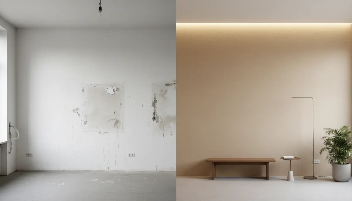 Comparación antes y después de un ambiente revestido