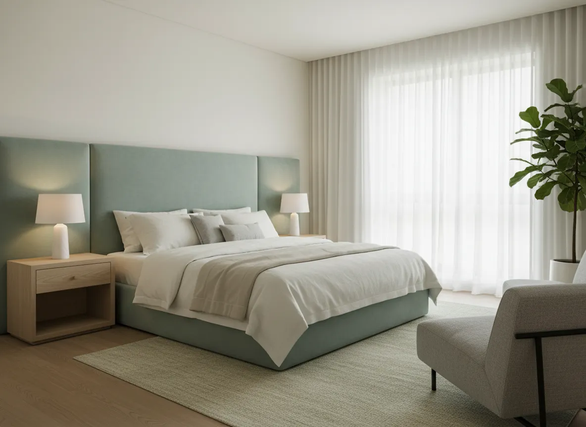 Dormitorio con pared revestida en tonos suaves